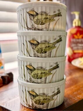 Vintage Floral & Bird Ceramic Ramekins Song Bird 1978 by Enesco Set of 4
